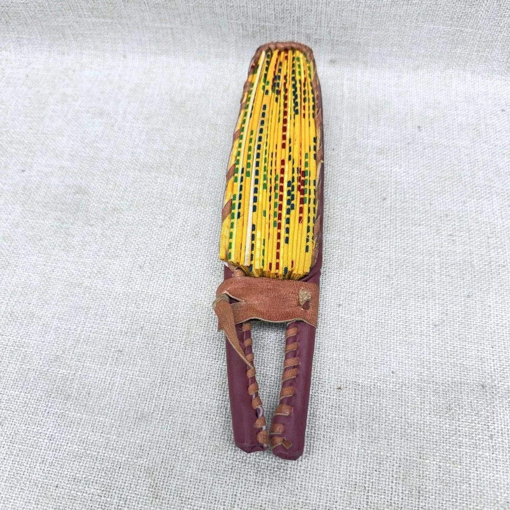 African Kente Print Folding Fan Yellow Leather Handle Handcrafted Circular Fan